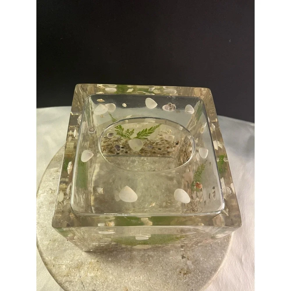 1970's Lucite Acrylic Tissue Box Cover Holder Embedded 6x6Sea Shells Beach Theme